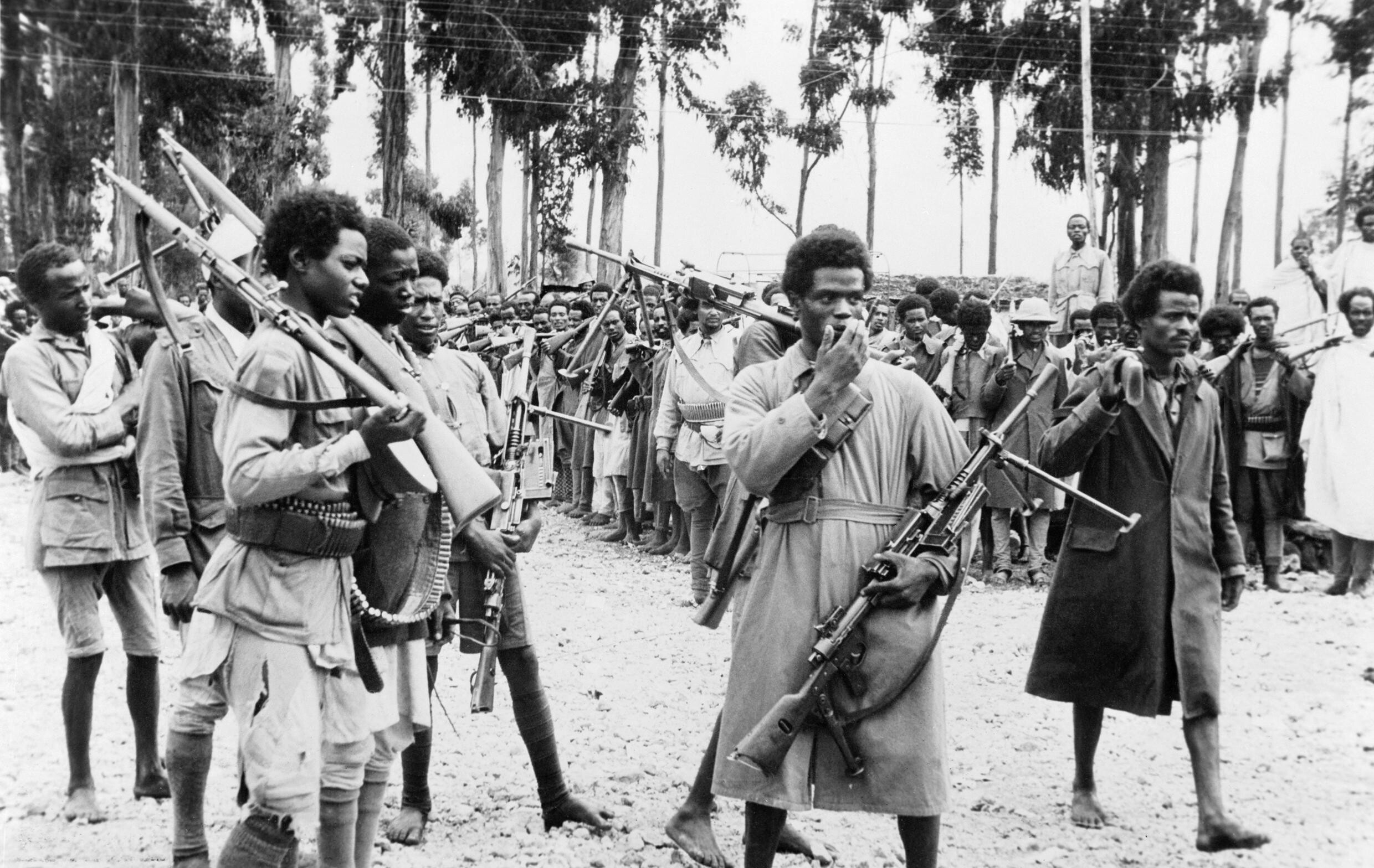 Ethiopian men gathered in Addis Ababa in May 1941, armed with captured Italian weapons, awaiting the proclamation of Emperor Haile Selassie's return to the capital